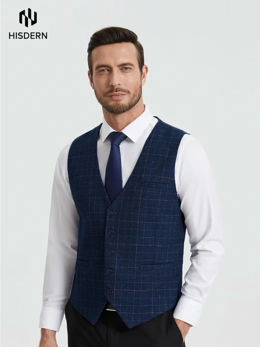 HISDERN XL Blue Windowpane Check Vest Men’s Formal 5 Button $20